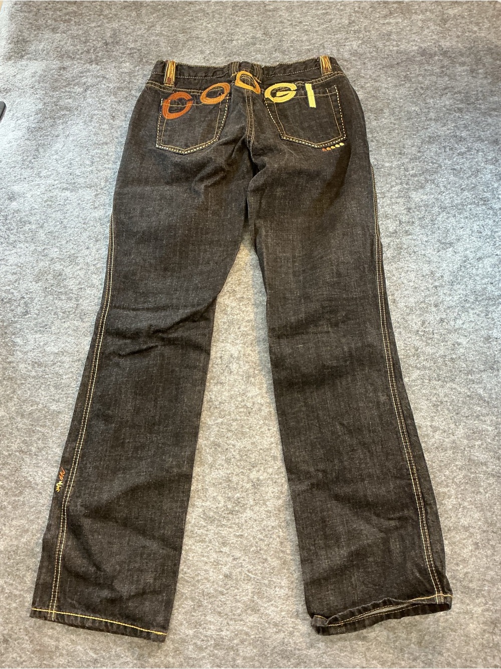 COOGI Y2K Spellout Black Denim Bootcut Jeans with Yellow Contrast Stitching